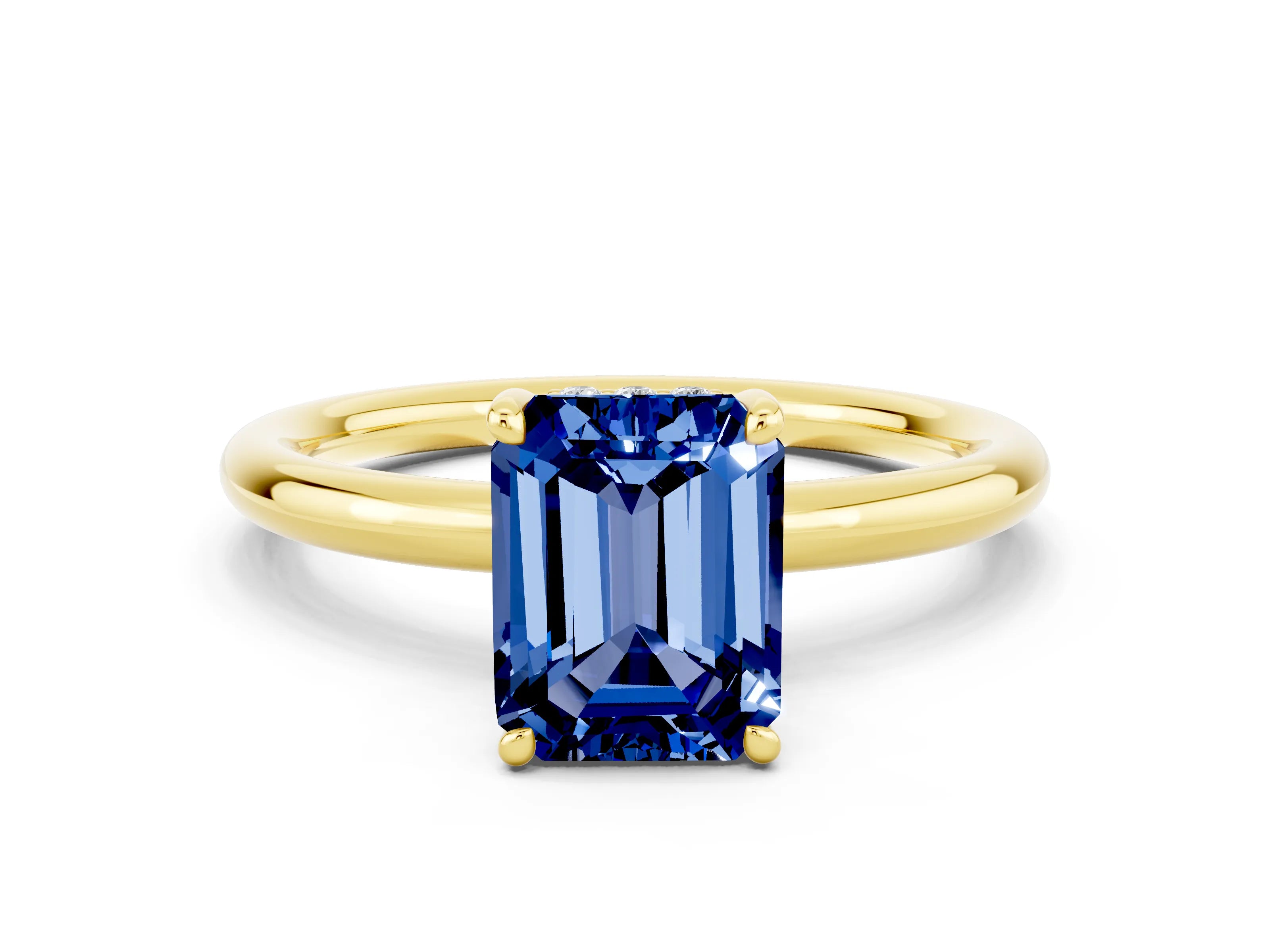 Yellow gold Emerald Cut Blue Sapphire Solitaire Ring with Thin Band and Four-Prong Setting_12
