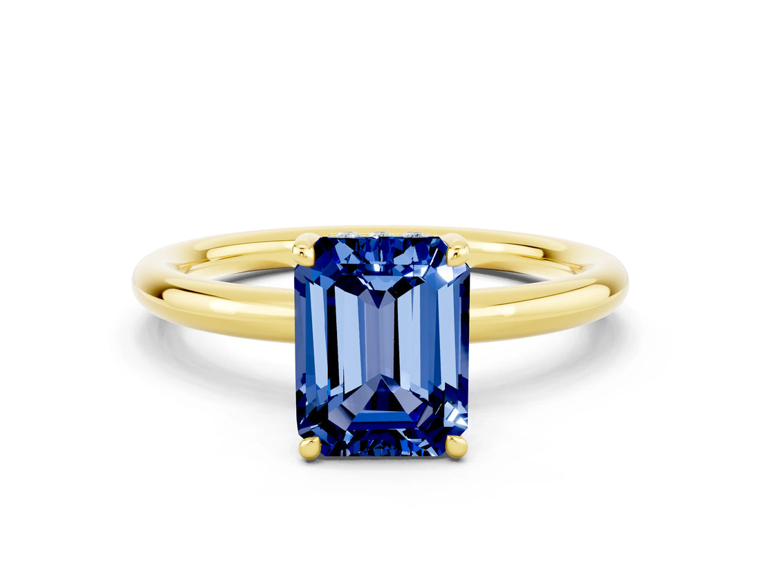 Yellow gold Emerald Cut Blue Sapphire Solitaire Ring with Thin Band and Four-Prong Setting_12