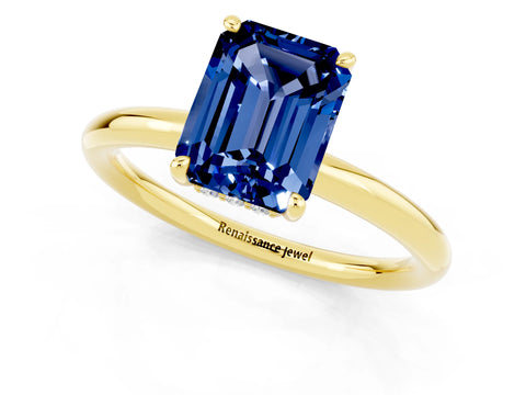 Yellow gold Emerald Cut Blue Sapphire Solitaire Ring with Thin Band and Four-Prong Setting_13