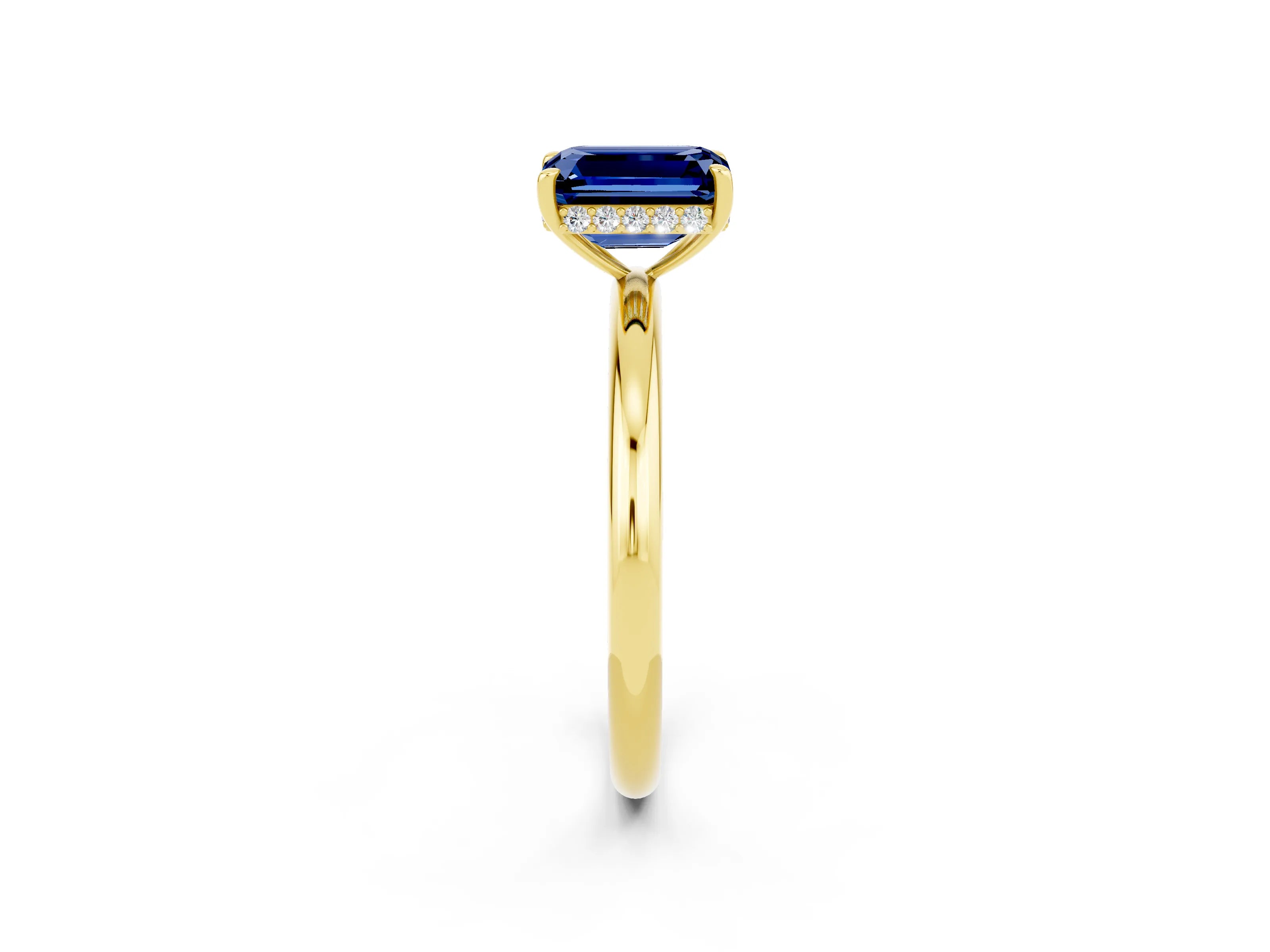 Yellow gold Emerald Cut Blue Sapphire Solitaire Ring with Thin Band and Four-Prong Setting_14