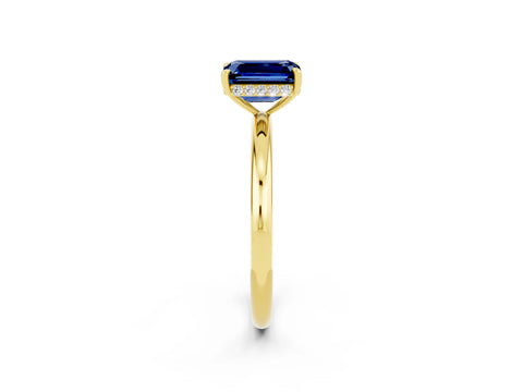 Yellow gold Emerald Cut Blue Sapphire Solitaire Ring with Thin Band and Four-Prong Setting_14