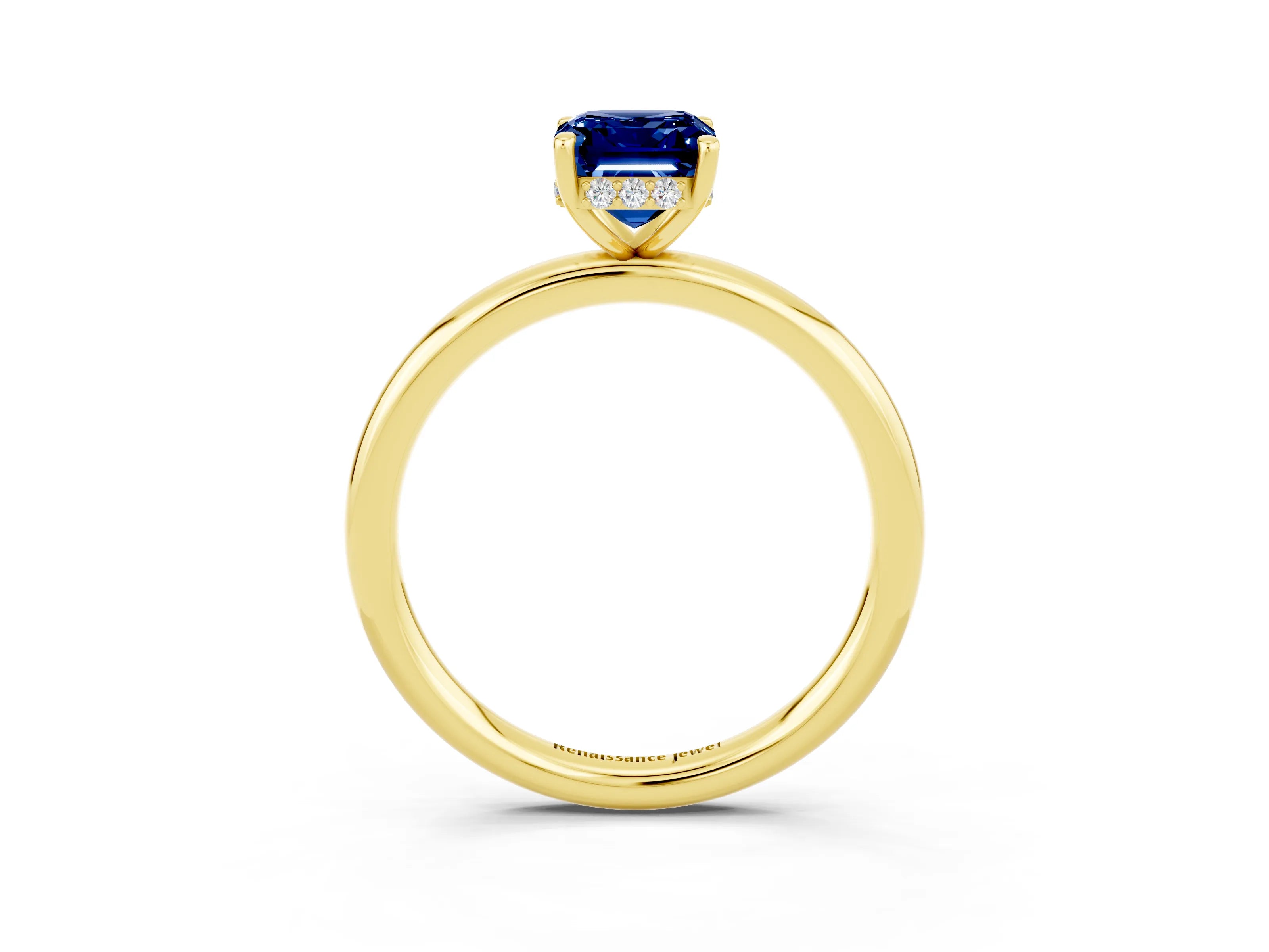 Yellow gold Emerald Cut Blue Sapphire Solitaire Ring with Thin Band and Four-Prong Setting_15