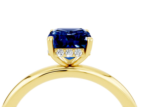Yellow gold Emerald Cut Blue Sapphire Solitaire Ring with Thin Band and Four-Prong Setting_16