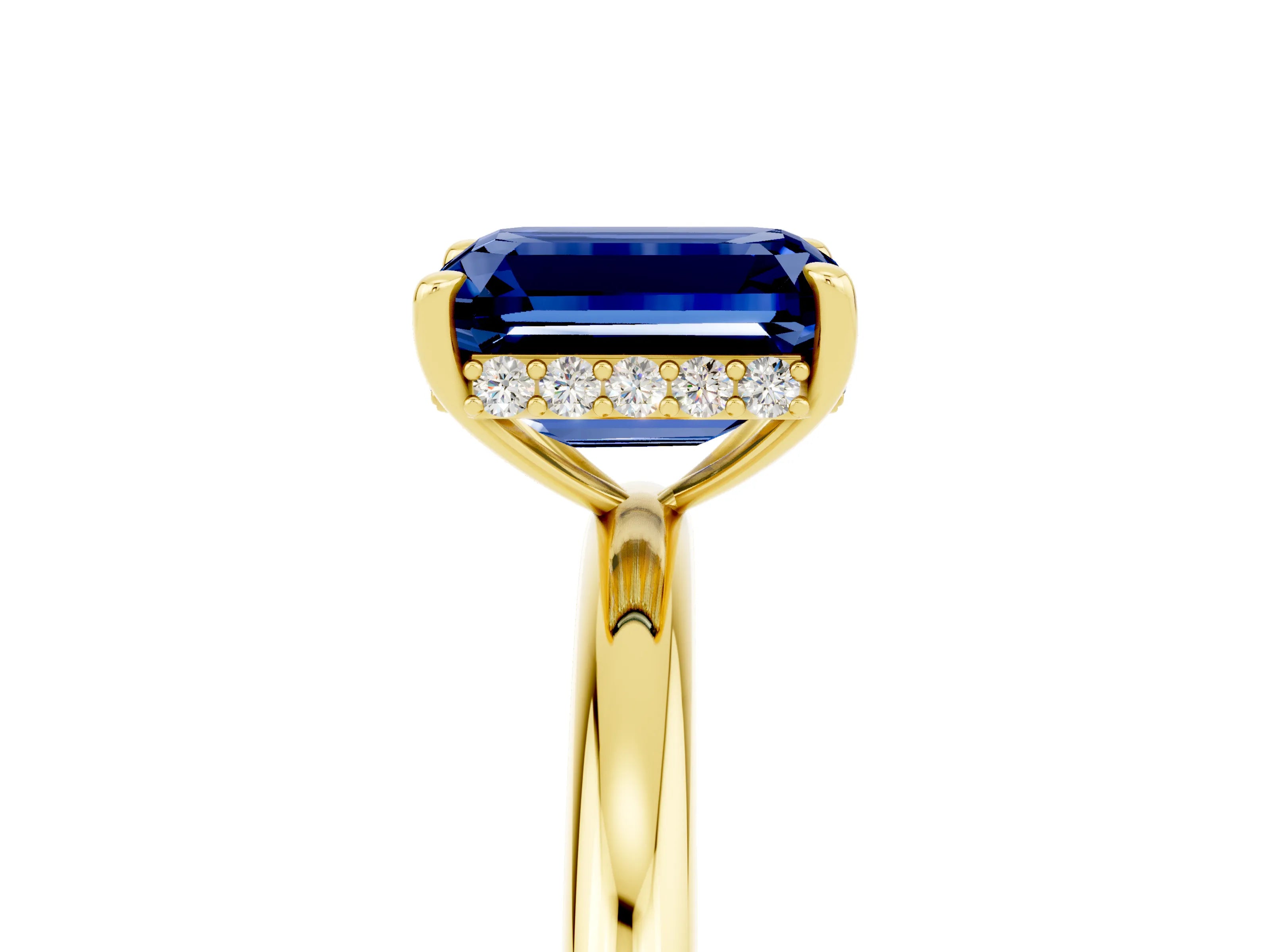 Yellow gold Emerald Cut Blue Sapphire Solitaire Ring with Thin Band and Four-Prong Setting_17