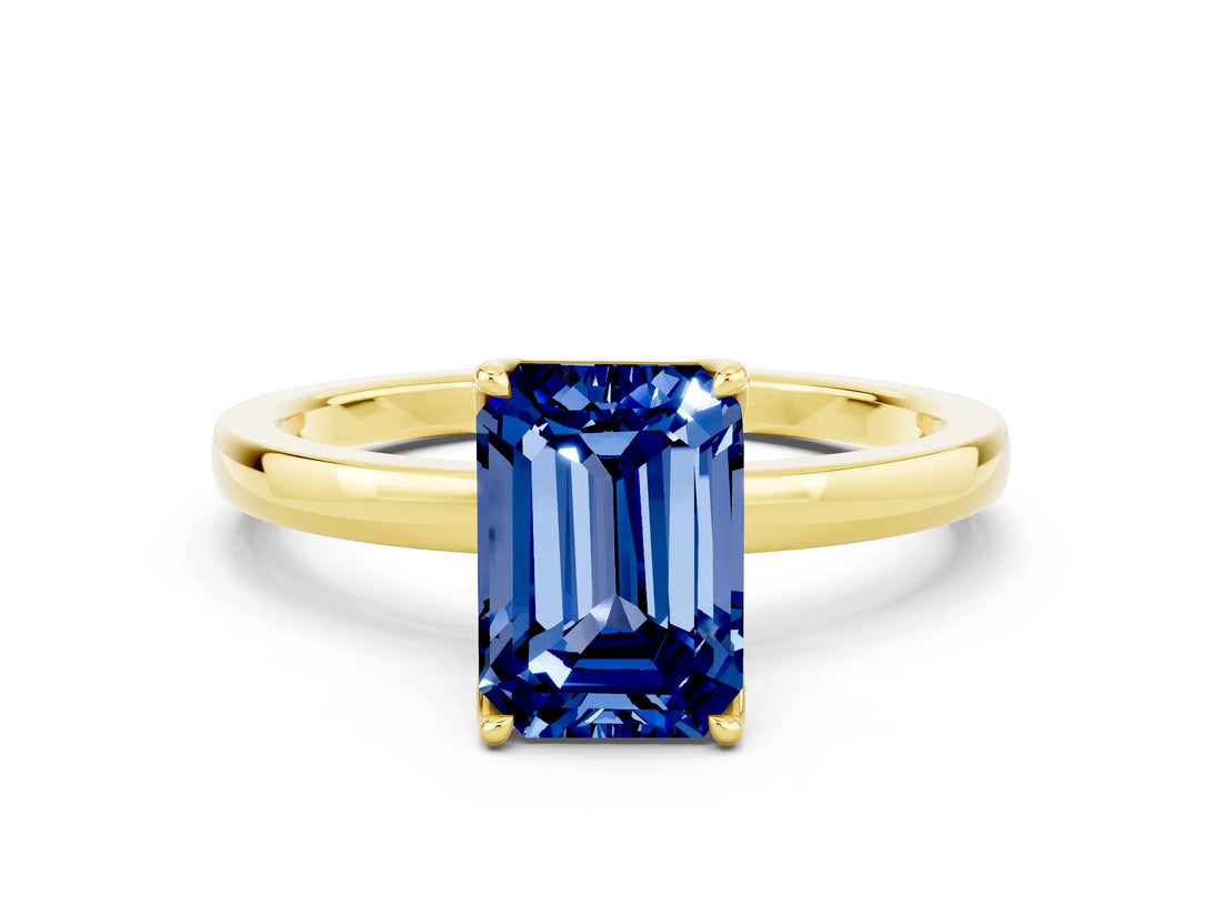Yellow gold Emerald Cut Blue Sapphire Solitaire Ring with Thin Band and Prong Setting_12