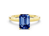 Yellow gold Emerald Cut Blue Sapphire Solitaire Ring with Thin Band and Prong Setting_12