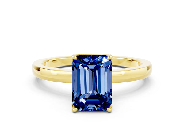 Yellow gold Emerald Cut Blue Sapphire Solitaire Ring with Thin Band and Prong Setting