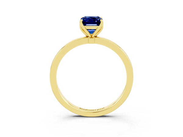 Yellow gold Emerald Cut Blue Sapphire Solitaire Ring with Thin Band and Prong Setting