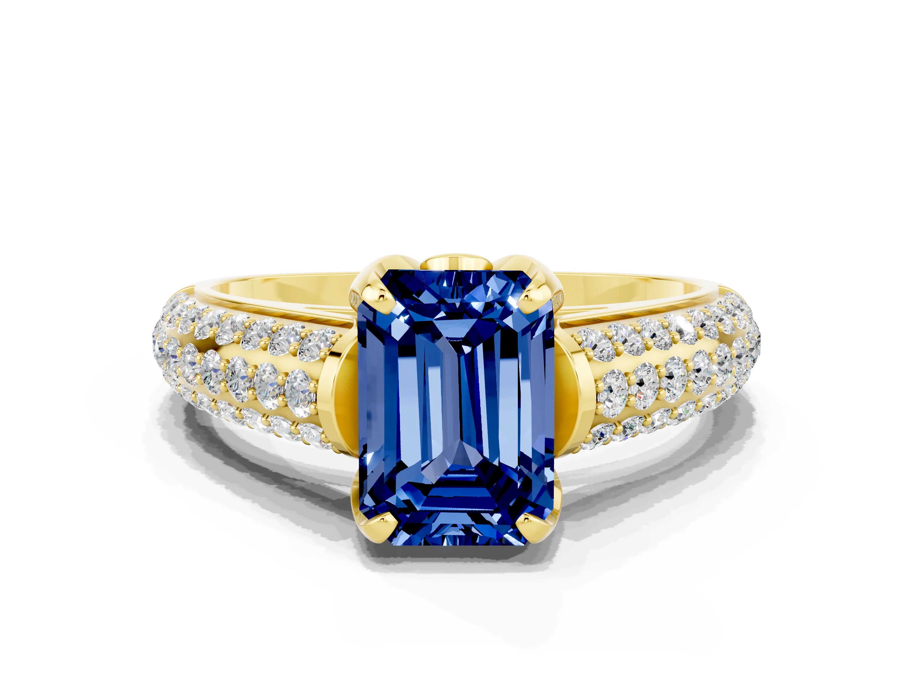 Yellow gold Emerald Cut Blue Sapphire Solitaire Ring with Three-Row Pavé Band and Four-Prong Setting_12