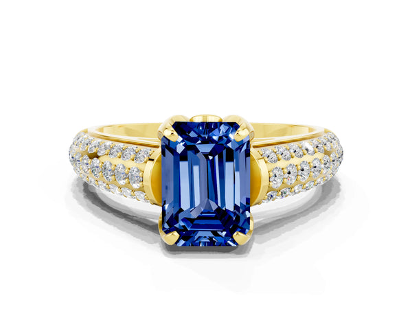 Yellow gold Emerald Cut Blue Sapphire Solitaire Ring with Three-Row Pavé Band and Four-Prong Setting