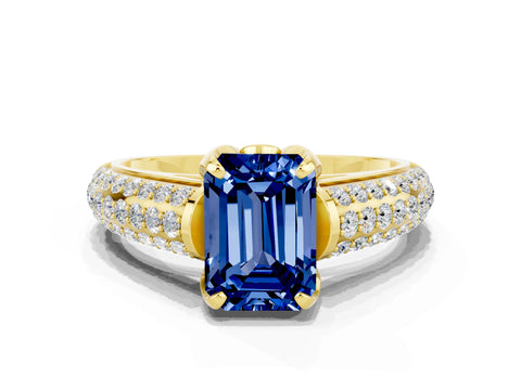 Yellow gold Emerald Cut Blue Sapphire Solitaire Ring with Three-Row Pavé Band and Four-Prong Setting_12