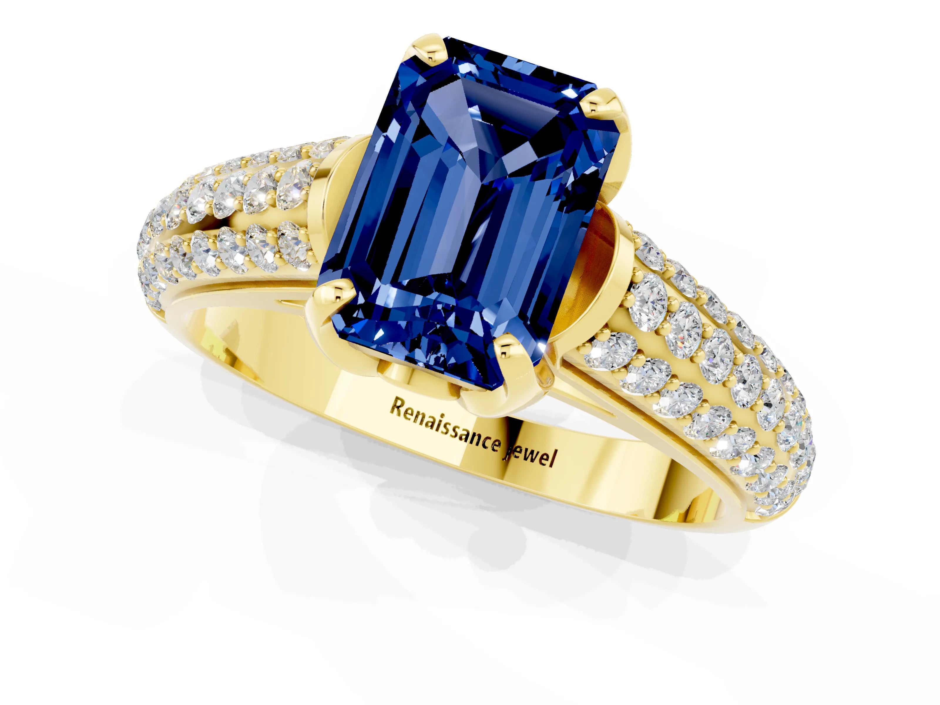 Yellow gold Emerald Cut Blue Sapphire Solitaire Ring with Three-Row Pavé Band and Four-Prong Setting_13
