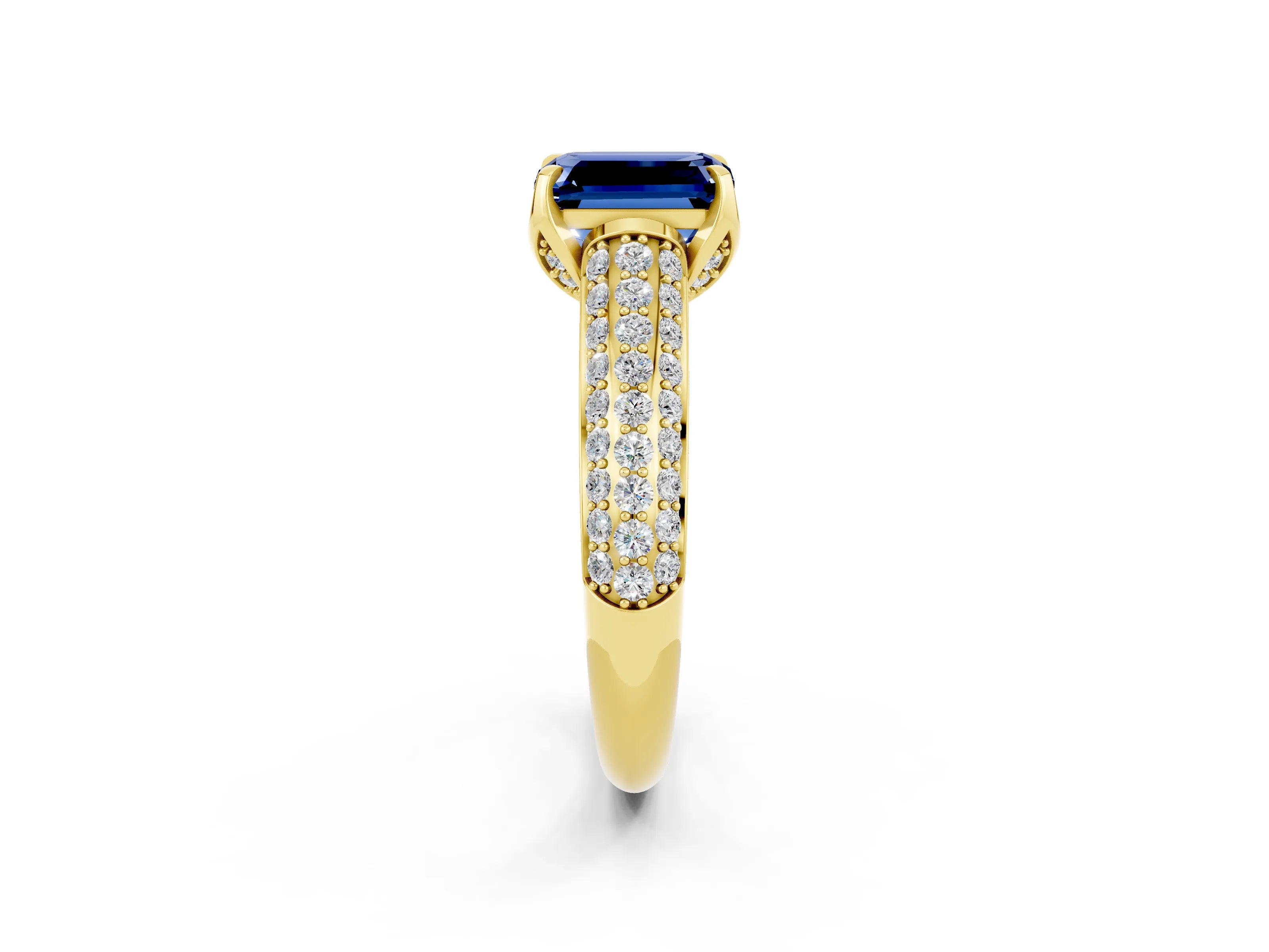 Yellow gold Emerald Cut Blue Sapphire Solitaire Ring with Three-Row Pavé Band and Four-Prong Setting_14
