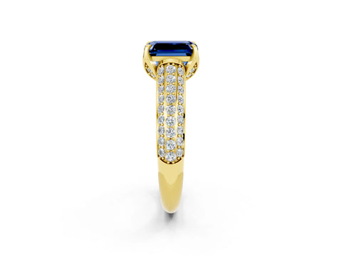 Yellow gold Emerald Cut Blue Sapphire Solitaire Ring with Three-Row Pavé Band and Four-Prong Setting_14