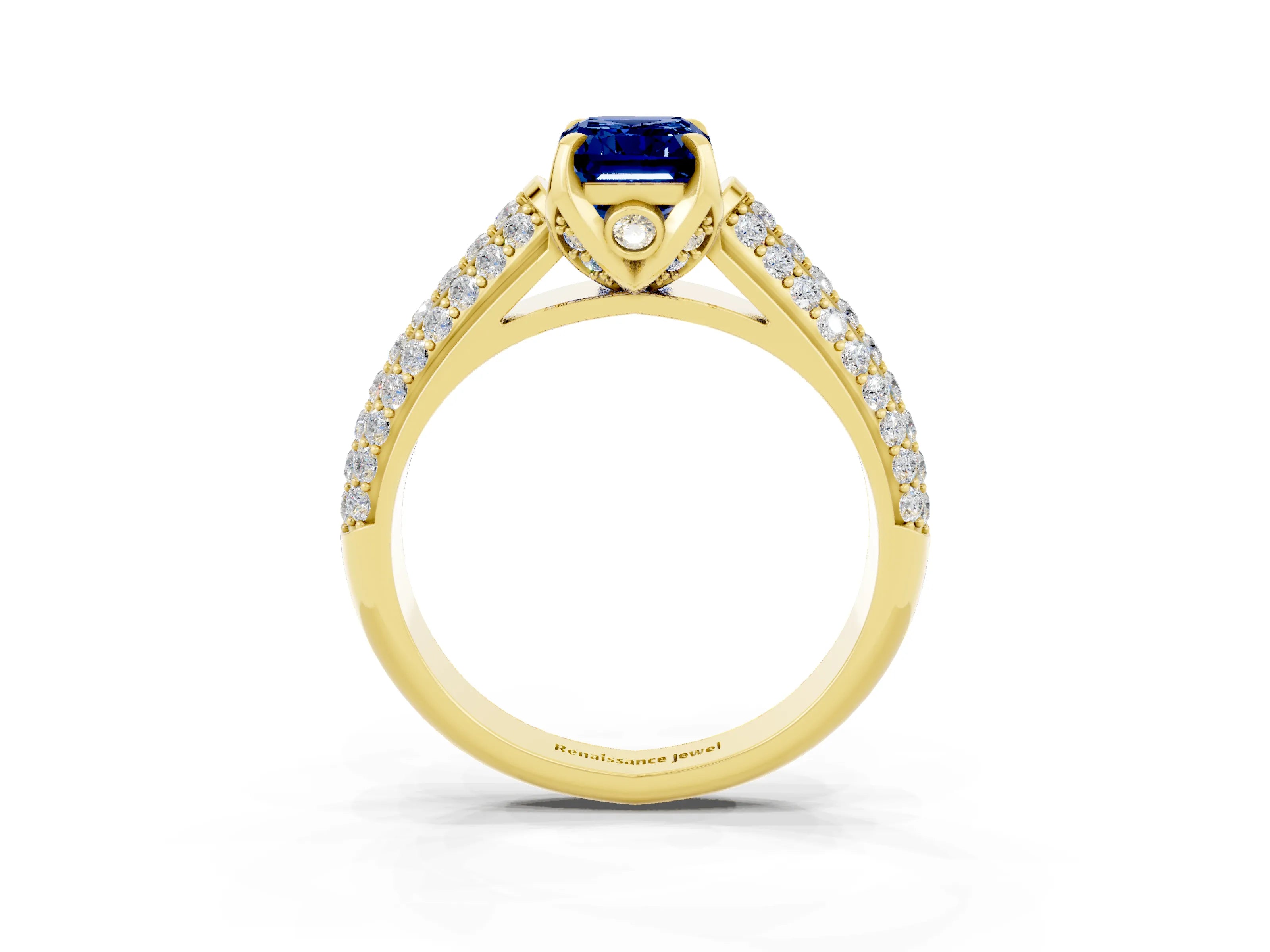 Yellow gold Emerald Cut Blue Sapphire Solitaire Ring with Three-Row Pavé Band and Four-Prong Setting_15