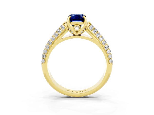 Yellow gold Emerald Cut Blue Sapphire Solitaire Ring with Three-Row Pavé Band and Four-Prong Setting