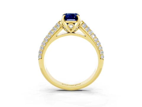 Yellow gold Emerald Cut Blue Sapphire Solitaire Ring with Three-Row Pavé Band and Four-Prong Setting_15
