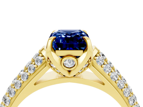 Yellow gold Emerald Cut Blue Sapphire Solitaire Ring with Three-Row Pavé Band and Four-Prong Setting_16