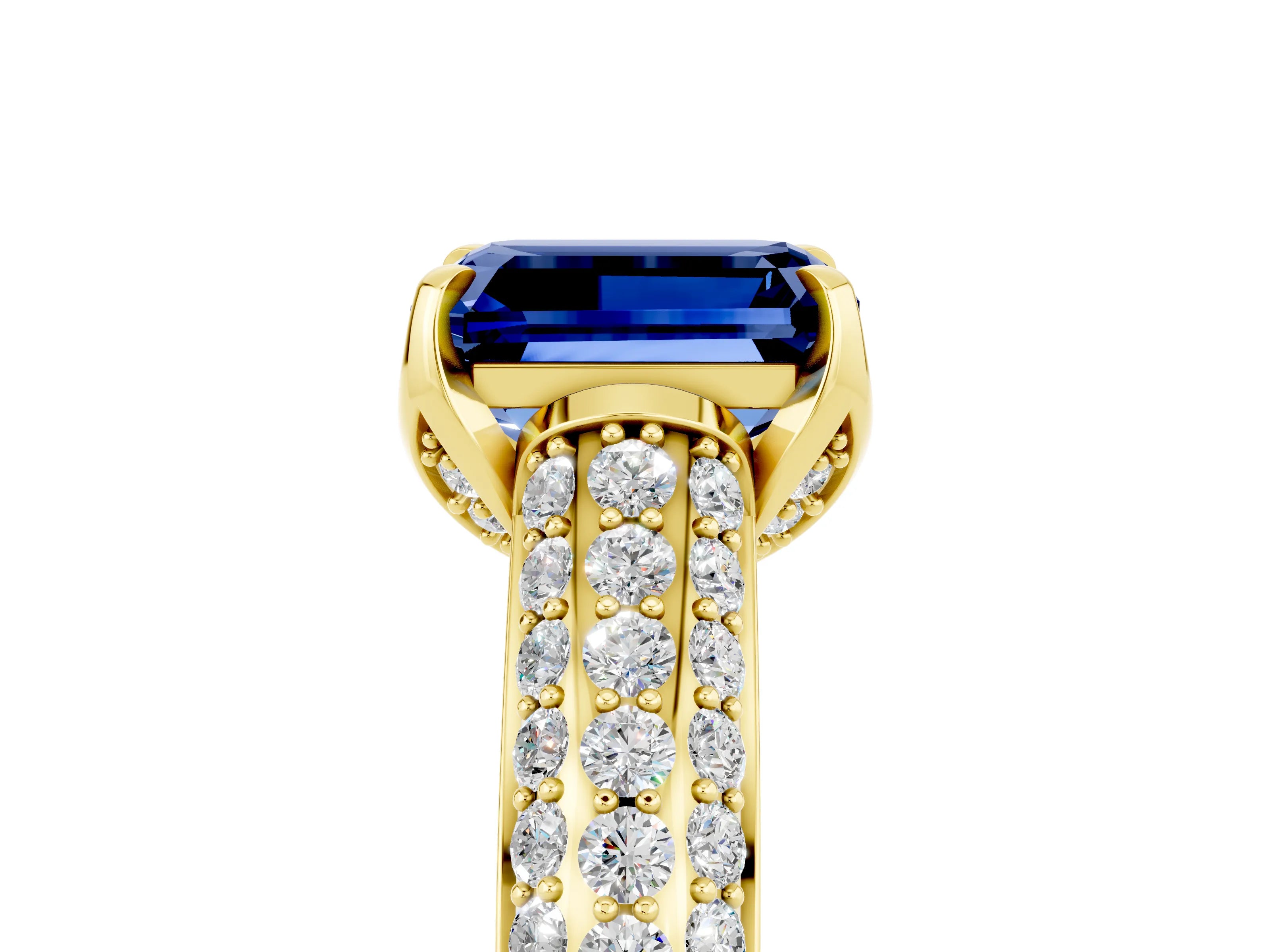 Yellow gold Emerald Cut Blue Sapphire Solitaire Ring with Three-Row Pavé Band and Four-Prong Setting_17