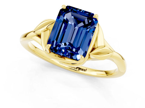 Yellow gold Emerald Cut Blue Sapphire Solitaire Ring with Twist Band and Four-Prong Setting_25