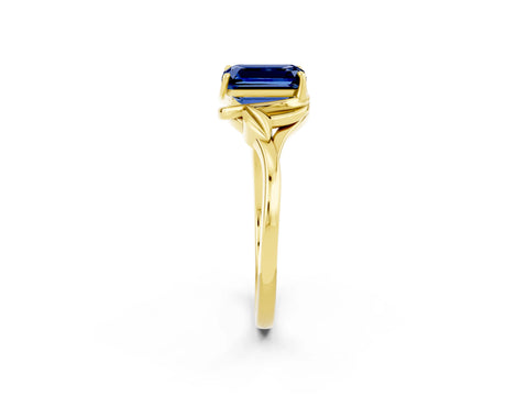 Yellow gold Emerald Cut Blue Sapphire Solitaire Ring with Twist Band and Four-Prong Setting_26