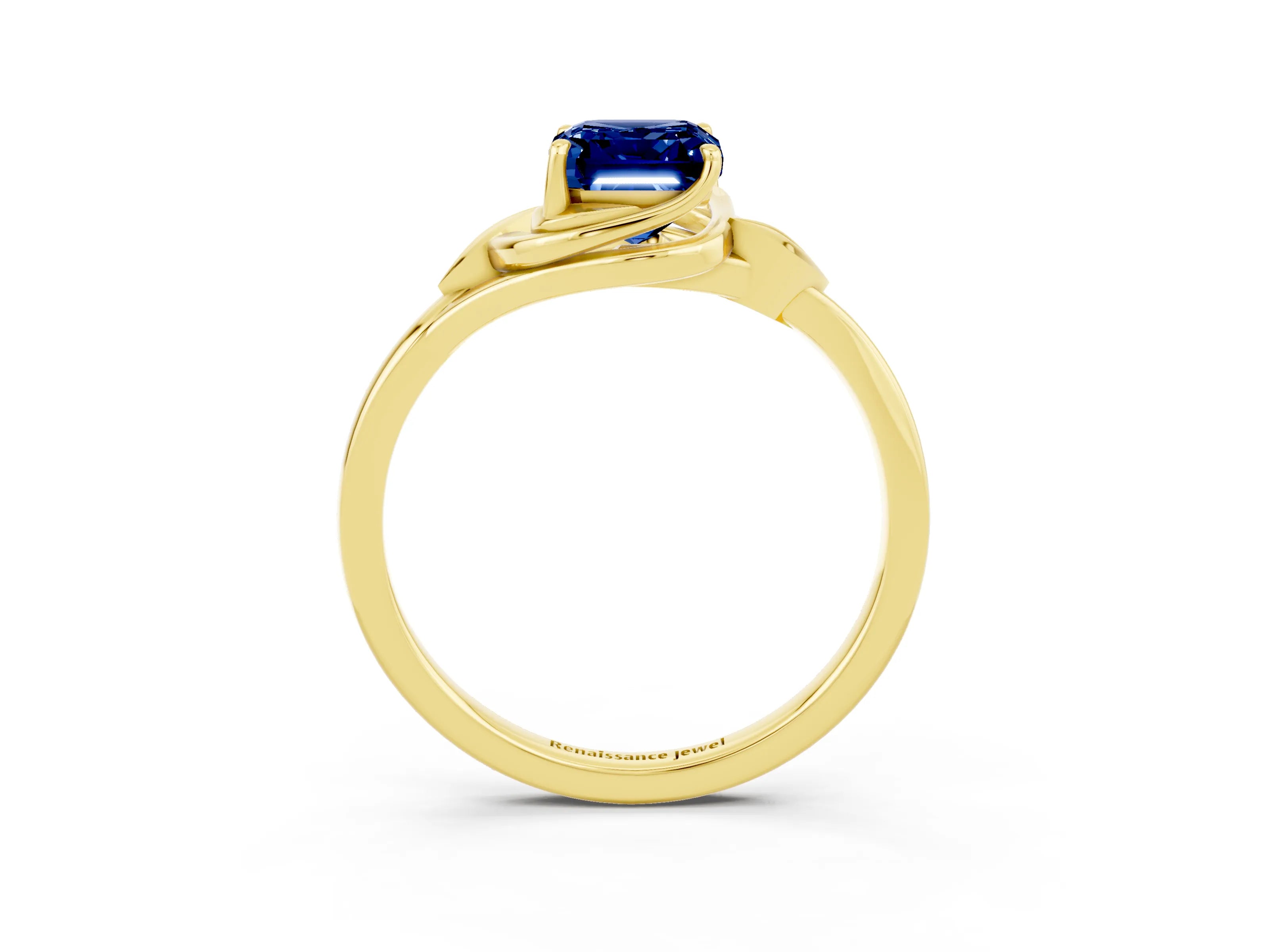 Yellow gold Emerald Cut Blue Sapphire Solitaire Ring with Twist Band and Four-Prong Setting_27