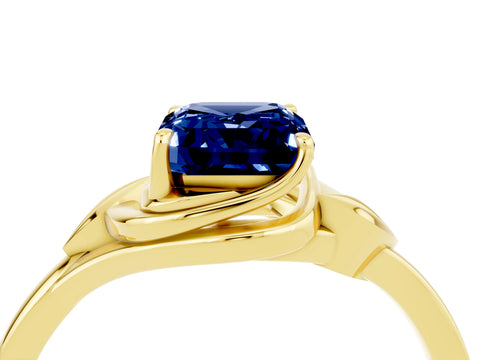 Yellow gold Emerald Cut Blue Sapphire Solitaire Ring with Twist Band and Four-Prong Setting_28