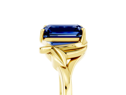 Yellow gold Emerald Cut Blue Sapphire Solitaire Ring with Twist Band and Four-Prong Setting_29