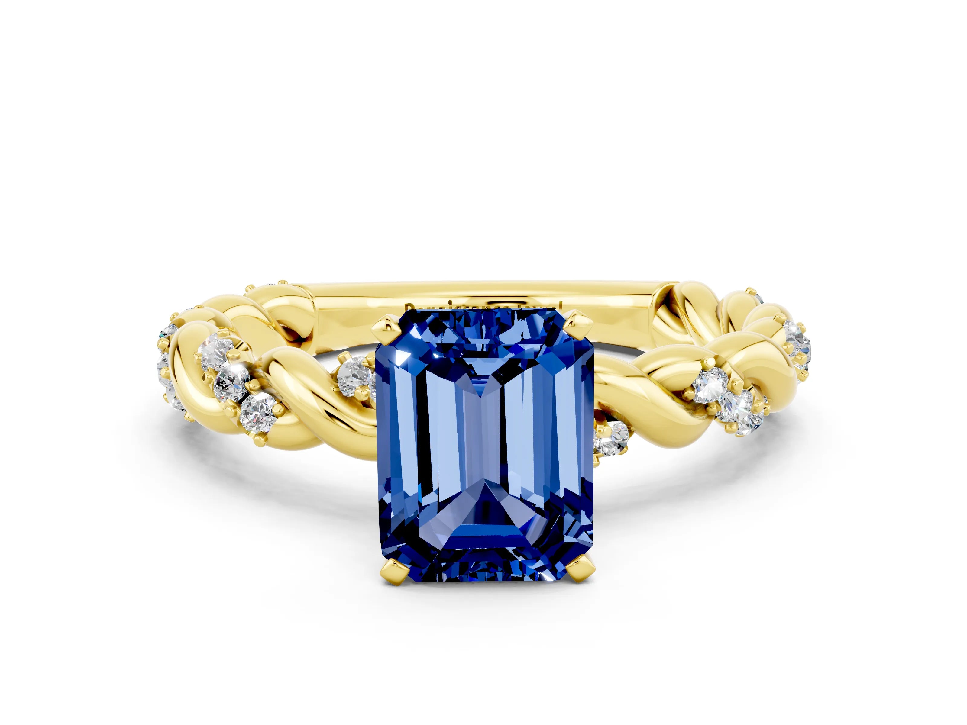 Yellow gold Emerald Cut Blue Sapphire Solitaire Ring with Twisted Band and Pavé Accents