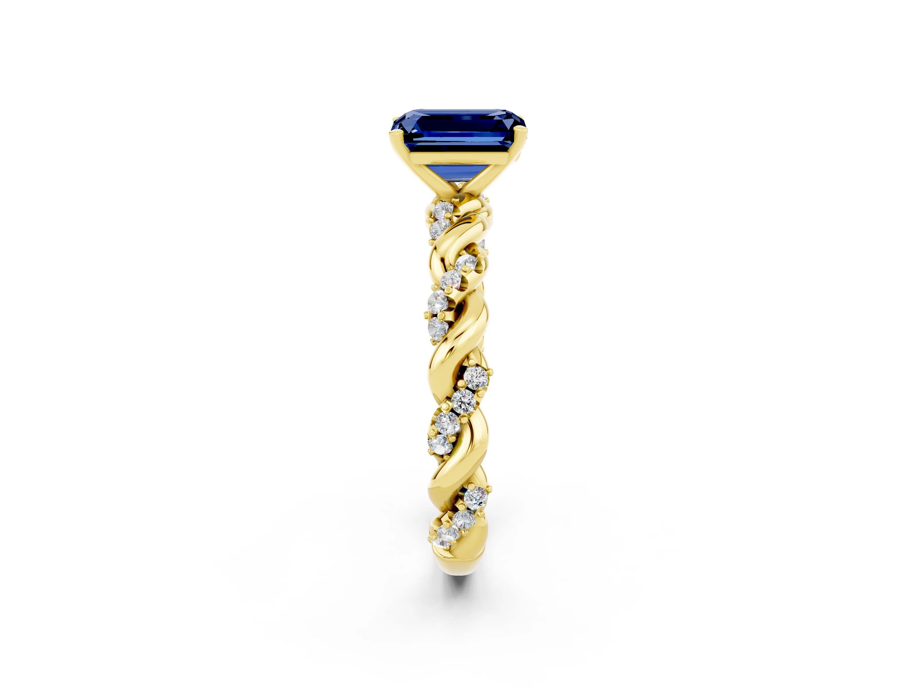 Yellow gold Emerald Cut Blue Sapphire Solitaire Ring with Twisted Band and Pavé Accents_2