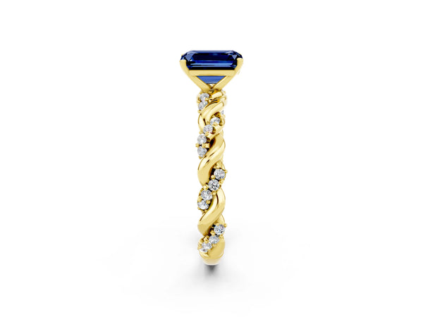 14K Yellow Gold Blue Sapphire Solitaire Ring with Twisted Band and Pavé Accents