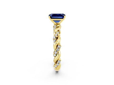 Yellow gold Emerald Cut Blue Sapphire Solitaire Ring with Twisted Band and Pavé Accents_2