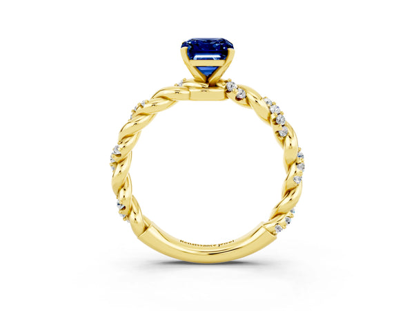 14K Yellow Gold Blue Sapphire Solitaire Ring with Twisted Band and Pavé Accents