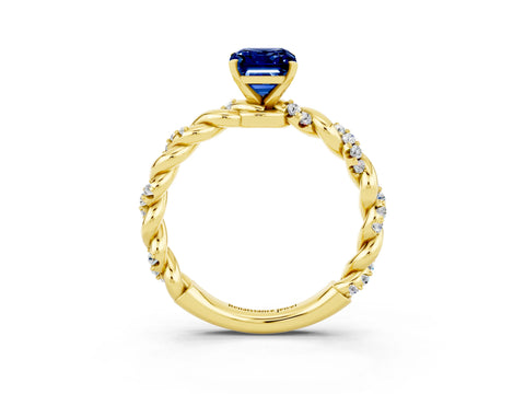 Yellow gold Emerald Cut Blue Sapphire Solitaire Ring with Twisted Band and Pavé Accents_3