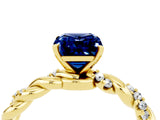 14K Yellow Gold Blue Sapphire Solitaire Ring with Twisted Band and Pavé Accents