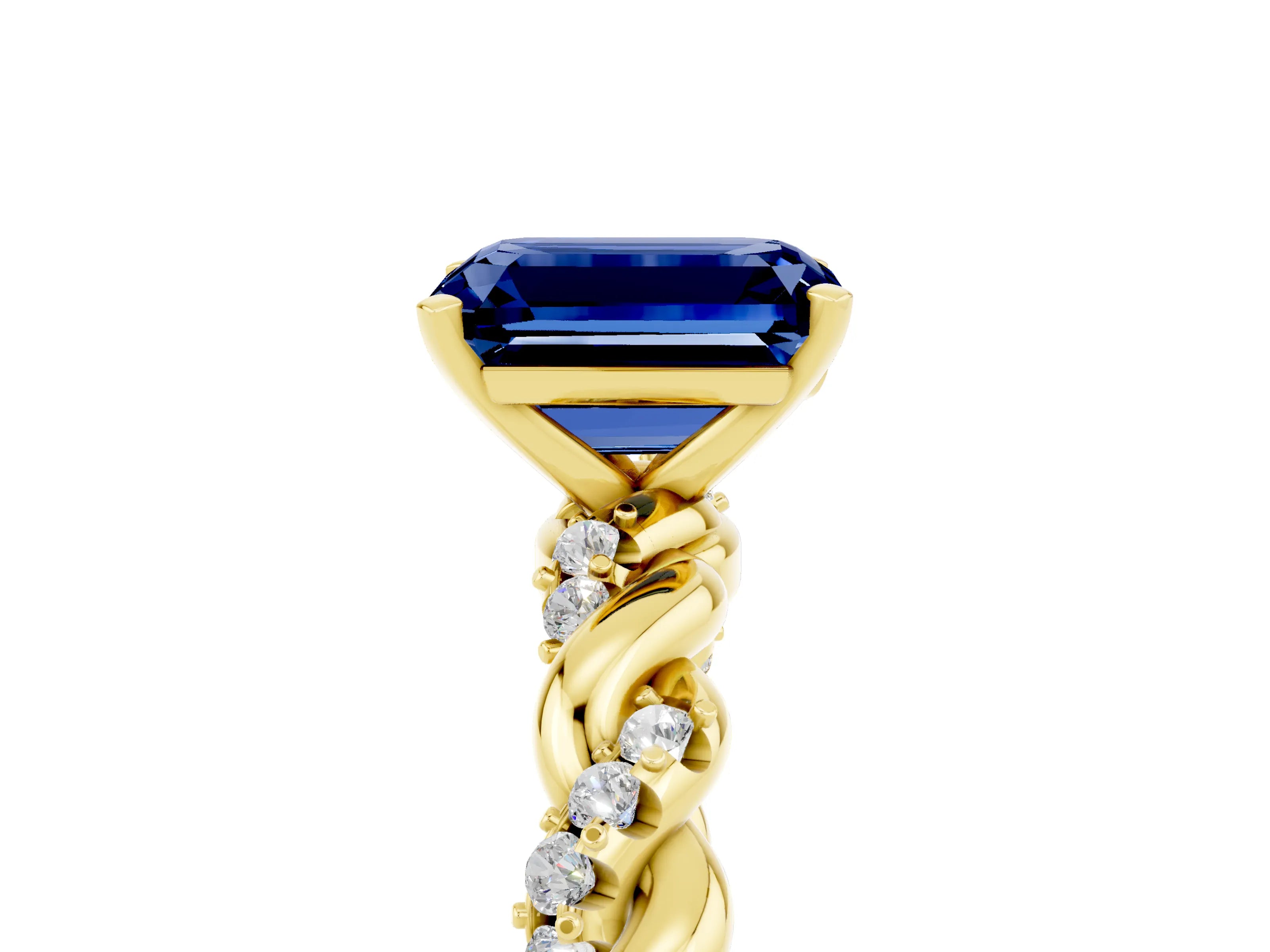 Yellow gold Emerald Cut Blue Sapphire Solitaire Ring with Twisted Band and Pavé Accents_5