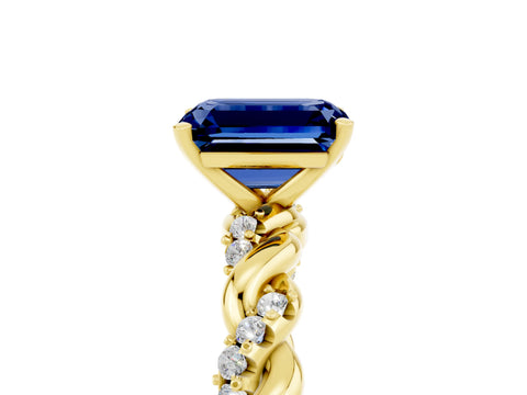 Yellow gold Emerald Cut Blue Sapphire Solitaire Ring with Twisted Band and Pavé Accents_5