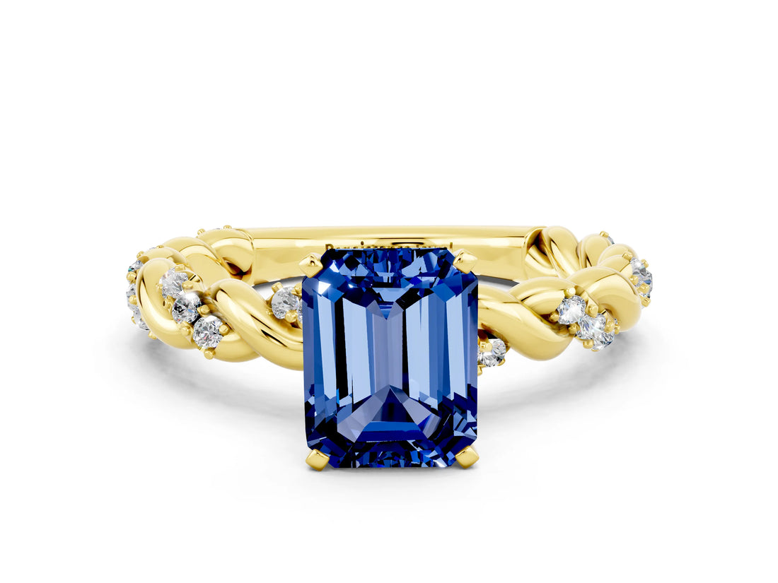 14K Yellow Gold Blue Sapphire Solitaire Ring with Twisted Band and Pavé Accents