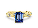 14K Yellow Gold Blue Sapphire Solitaire Ring with Twisted Band and Pavé Accents