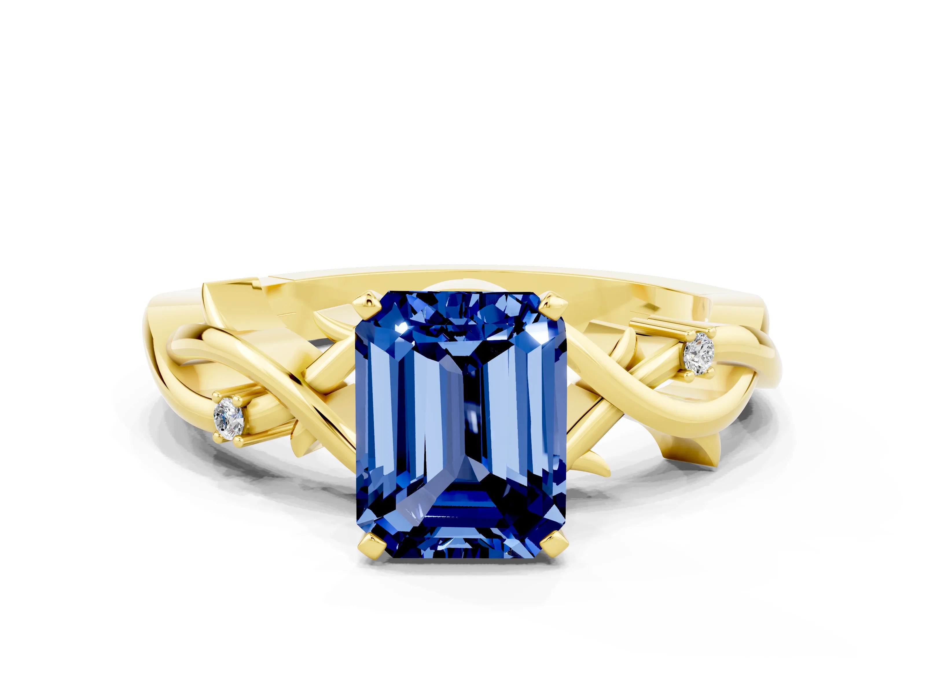 Yellow gold Emerald Cut Blue Sapphire Solitaire Ring with Twisted Band and Prong Setting