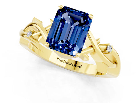 Yellow gold Emerald Cut Blue Sapphire Solitaire Ring with Twisted Band and Prong Setting_1