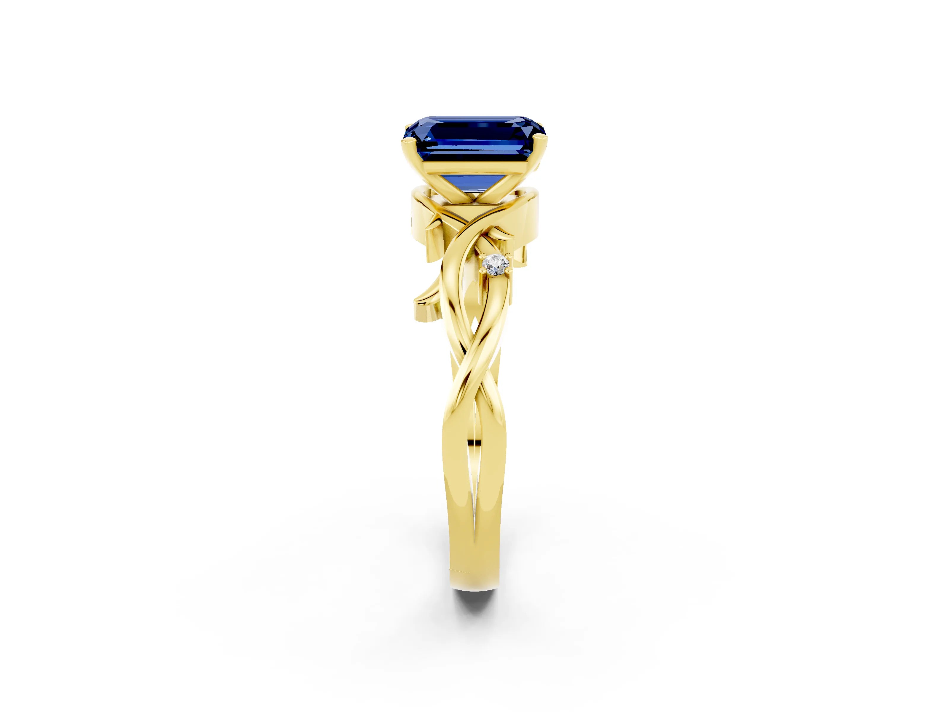 Yellow gold Emerald Cut Blue Sapphire Solitaire Ring with Twisted Band and Prong Setting_2