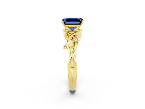 Yellow gold Emerald Cut Blue Sapphire Solitaire Ring with Twisted Band and Prong Setting_2