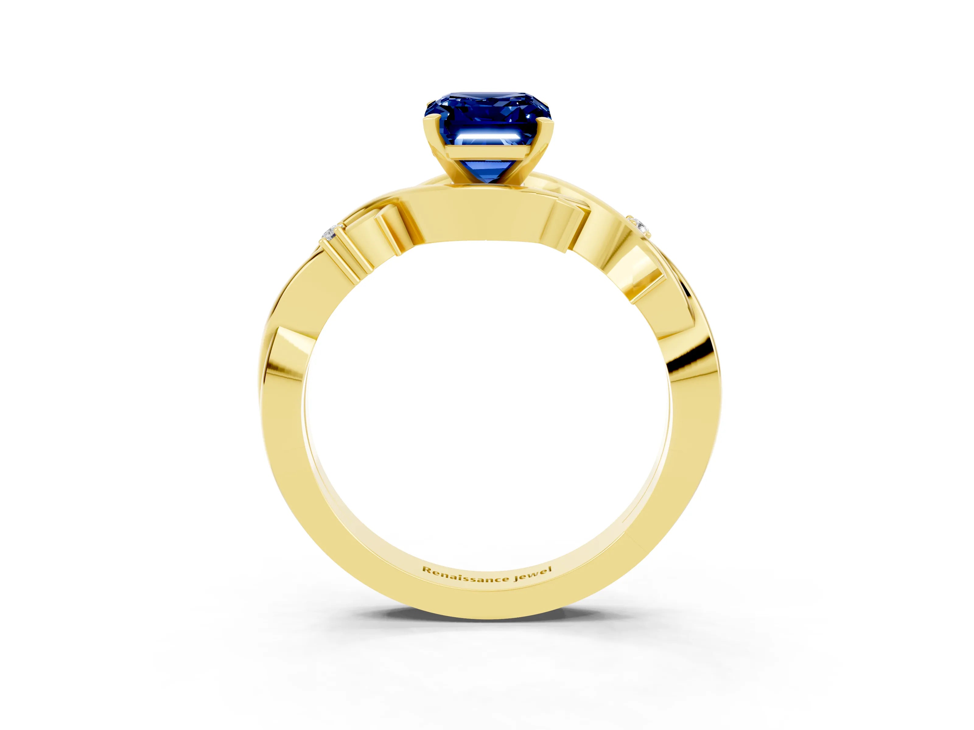 Yellow gold Emerald Cut Blue Sapphire Solitaire Ring with Twisted Band and Prong Setting_3