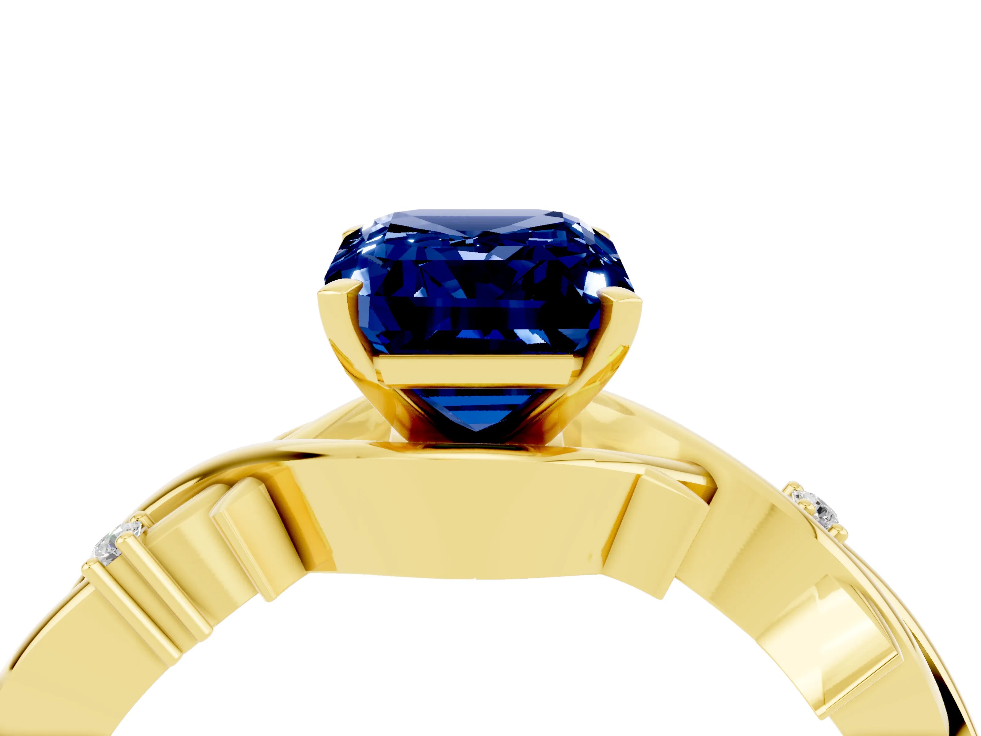 Yellow gold Emerald Cut Blue Sapphire Solitaire Ring with Twisted Band and Prong Setting_4