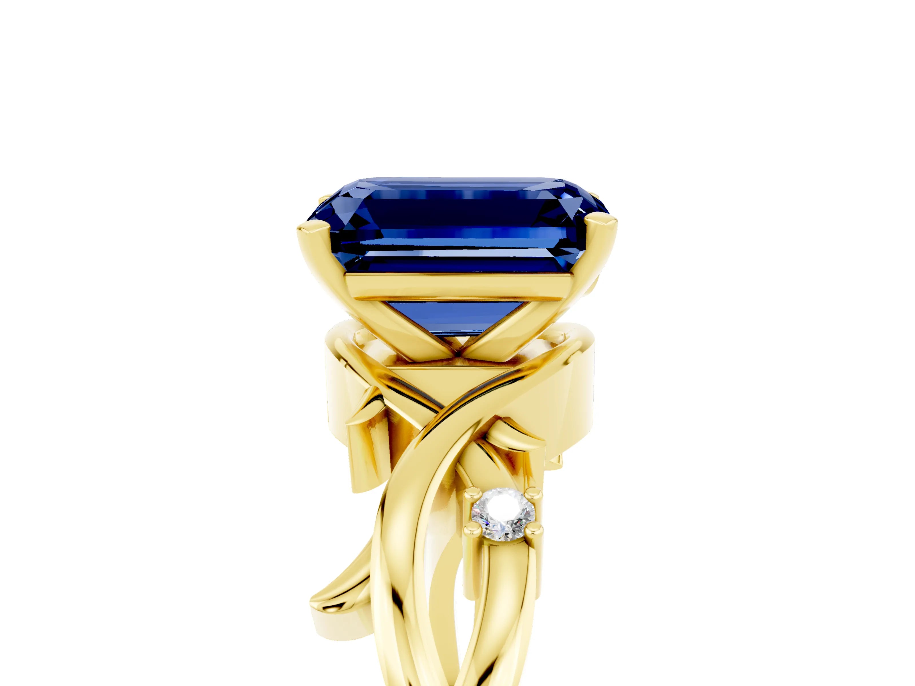 Yellow gold Emerald Cut Blue Sapphire Solitaire Ring with Twisted Band and Prong Setting_5