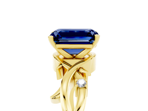Yellow gold Emerald Cut Blue Sapphire Solitaire Ring with Twisted Band and Prong Setting_5