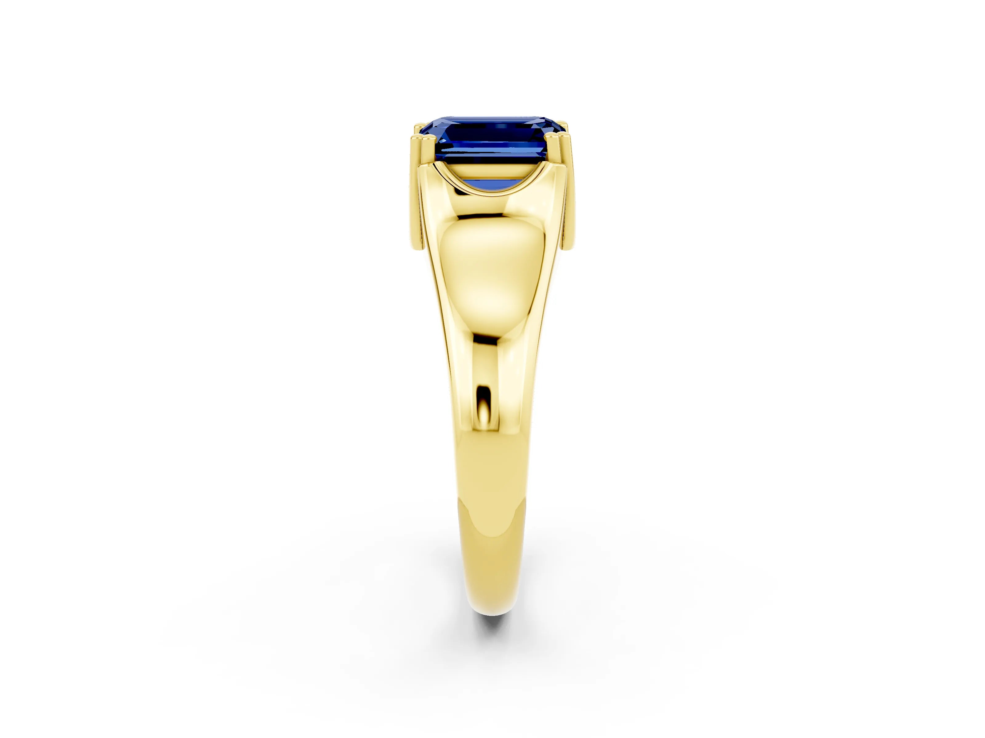 Yellow gold Emerald Cut Blue Sapphire Solitaire Ring with Wide Band and Prong Setting_2
