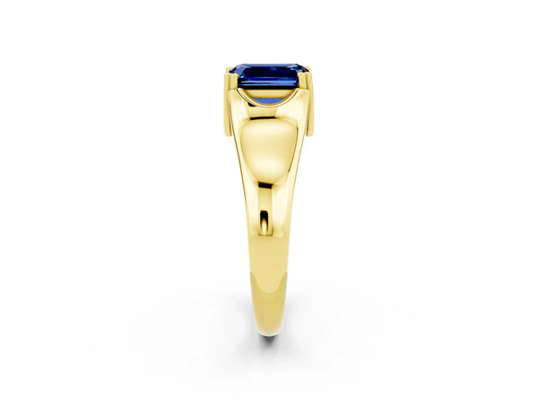 Yellow gold Emerald Cut Blue Sapphire Solitaire Ring with Wide Band and Prong Setting