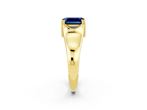 Yellow gold Emerald Cut Blue Sapphire Solitaire Ring with Wide Band and Prong Setting_2
